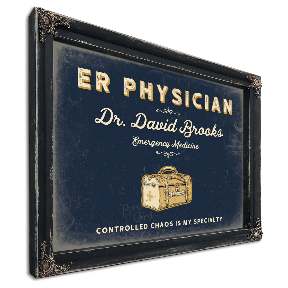Personalized ER Physician Sign, Controlled Chaos Is My Specialty, Navy & Brass, image 1