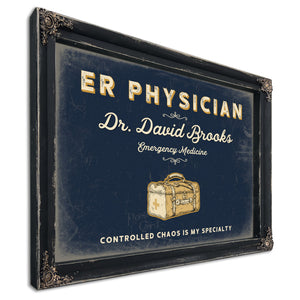 Personalized ER Physician Sign, Controlled Chaos Is My Specialty, Navy & Brass, image 1