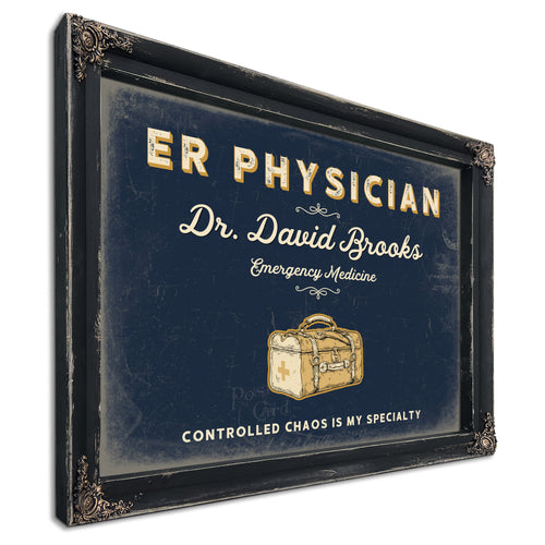 Personalized ER Physician Sign, Controlled Chaos Is My Specialty, Navy & Brass, image 1