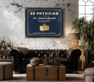 Personalized ER Physician Sign, Controlled Chaos Is My Specialty, Navy & Brass, image 18
