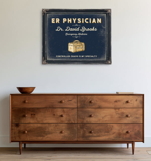 Personalized ER Physician Sign, Controlled Chaos Is My Specialty, Navy & Brass, image 19