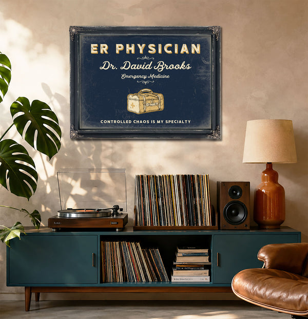 Personalized ER Physician Sign, Controlled Chaos Is My Specialty, Navy & Brass, image 20
