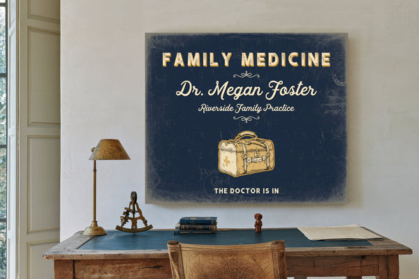 Personalized Family Medicine Sign, The Doctor Is In, Navy & Brass, image 2
