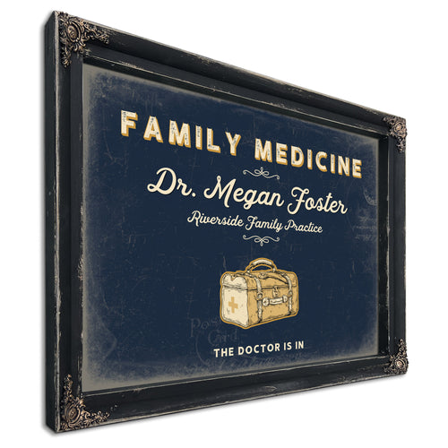 Personalized Family Medicine Sign, The Doctor Is In, Navy & Brass, image 1