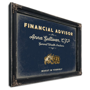 Personalized Financial Advisor Sign, Invest in Yourself, Navy & Brass, image 1