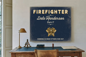 Personalized Firefighter Sign, Running In When Others Run Out, Navy & Brass, image 2