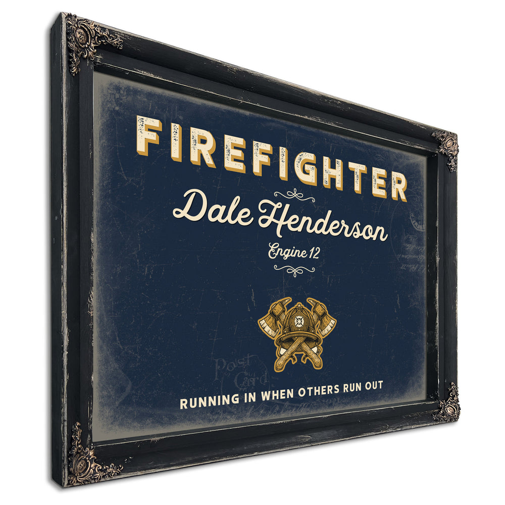 Personalized Firefighter Sign, Running In When Others Run Out, Navy & Brass, image 1