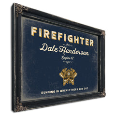 Personalized Firefighter Sign, Running In When Others Run Out, Navy & Brass, image 1