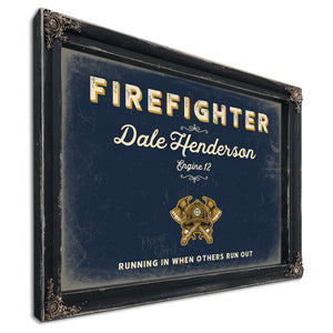 Personalized Firefighter Sign, Running In When Others Run Out, Navy & Brass, image 1