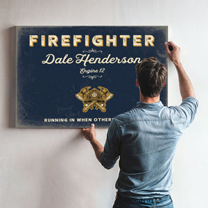 Personalized Firefighter Sign, Running In When Others Run Out, Navy & Brass, image 9