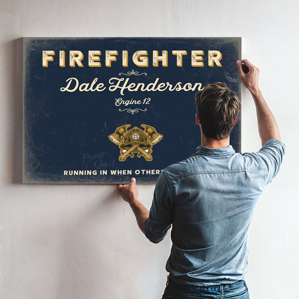 Personalized Firefighter Sign, Running In When Others Run Out, Navy & Brass, image 9
