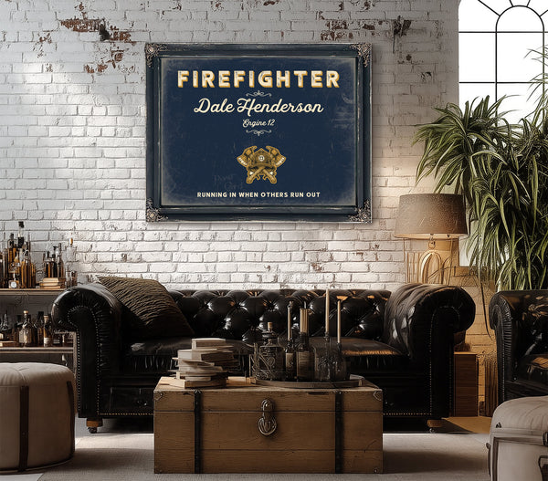 Personalized Firefighter Sign, Running In When Others Run Out, Navy & Brass, image 18
