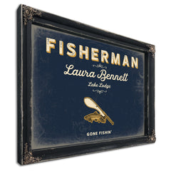 Personalized Fisherman Sign, Gone Fishin', Navy & Brass, image 1