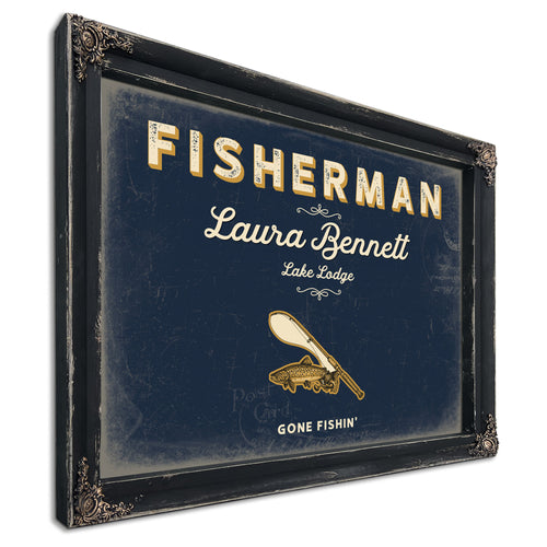 Personalized Fisherman Sign, Gone Fishin', Navy & Brass, image 1
