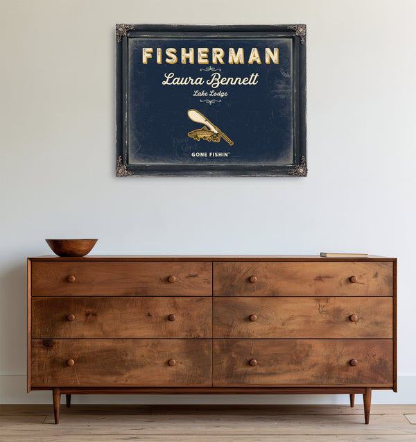 Personalized Fisherman Sign, Gone Fishin', Navy & Brass, image 19