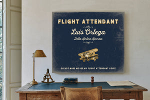 Personalized Flight Attendant Sign, Do Not Make Me Use My Flight Attendant Voice, Navy & Brass, image 2