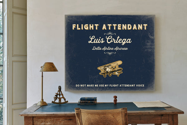 Personalized Flight Attendant Sign, Do Not Make Me Use My Flight Attendant Voice, Navy & Brass, image 2