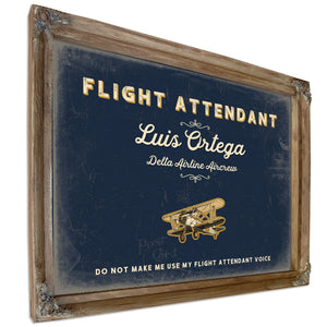 Personalized Flight Attendant Sign, Do Not Make Me Use My Flight Attendant Voice, Navy & Brass, image 6