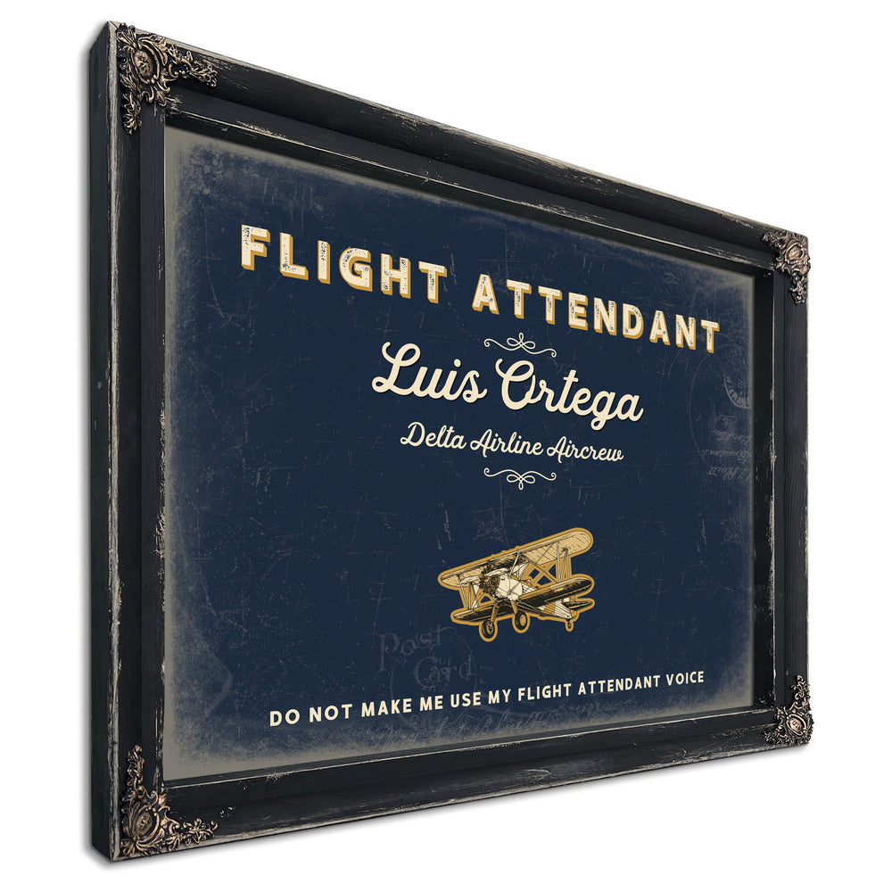 Personalized Flight Attendant Sign, Do Not Make Me Use My Flight Attendant Voice, Navy & Brass, image 1