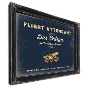 Personalized Flight Attendant Sign, Do Not Make Me Use My Flight Attendant Voice, Navy & Brass, image 1