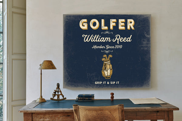 Personalized Golfer Sign, Grip It & Sip It, Navy & Brass, image 2