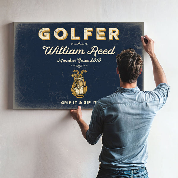 Personalized Golfer Sign, Grip It & Sip It, Navy & Brass, image 9