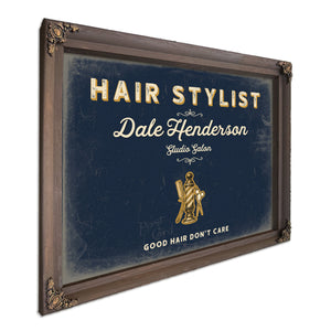 Personalized Hair Stylist Sign, Good Hair Don't Care, Navy & Brass, image 7