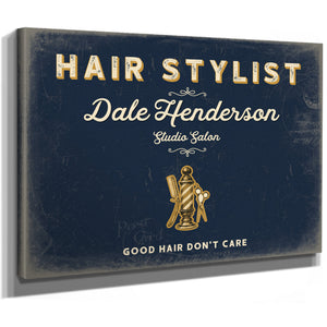 Personalized Hair Stylist Sign, Good Hair Don't Care, Navy & Brass, image 8
