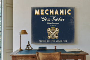 Personalized Mechanic Sign, Powered by Coffee & Brake Fluid, Navy & Brass, image 2