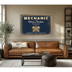 Personalized Mechanic Sign, Powered by Coffee & Brake Fluid, Navy & Brass, image 3