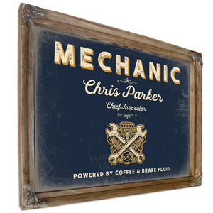 Personalized Mechanic Sign, Powered by Coffee & Brake Fluid, Navy & Brass, image 6
