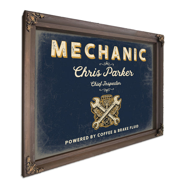 Personalized Mechanic Sign, Powered by Coffee & Brake Fluid, Navy & Brass, image 7
