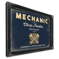 Personalized Mechanic Sign, Powered by Coffee & Brake Fluid, Navy & Brass, image 1
