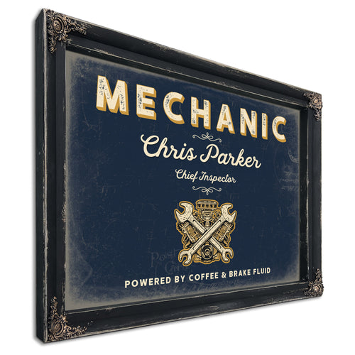 Personalized Mechanic Sign, Powered by Coffee & Brake Fluid, Navy & Brass, image 1