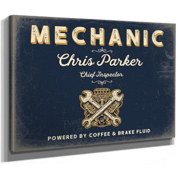 Personalized Mechanic Sign, Powered by Coffee & Brake Fluid, Navy & Brass, image 8