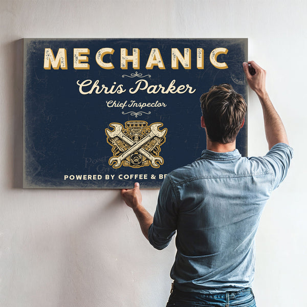 Personalized Mechanic Sign, Powered by Coffee & Brake Fluid, Navy & Brass, image 9