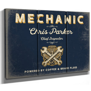 Personalized Mechanic Sign, Powered by Coffee & Brake Fluid, Navy & Brass, image 14