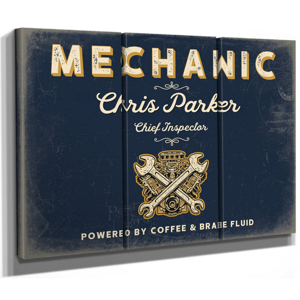 Personalized Mechanic Sign, Powered by Coffee & Brake Fluid, Navy & Brass, image 14