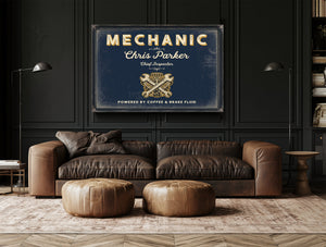 Personalized Mechanic Sign, Powered by Coffee & Brake Fluid, Navy & Brass, image 17
