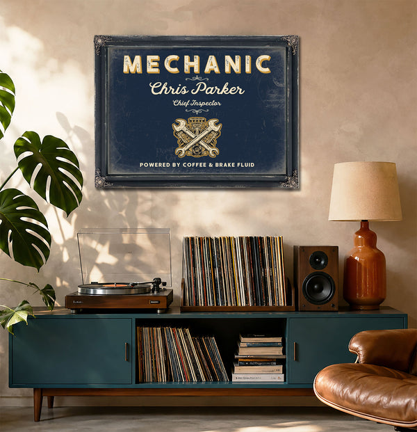 Personalized Mechanic Sign, Powered by Coffee & Brake Fluid, Navy & Brass, image 20