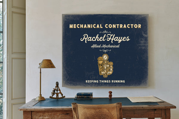 Personalized Mechanical Contractor Sign, Keeping Things Running, Navy & Brass, image 2