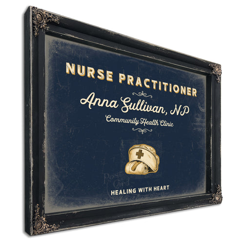 Personalized Nurse Practitioner Sign, Healing With Heart, Navy & Brass, image 1