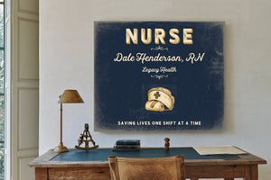Personalized Nurse Sign, Saving Lives One Shift at a Time, Navy & Brass, image 2