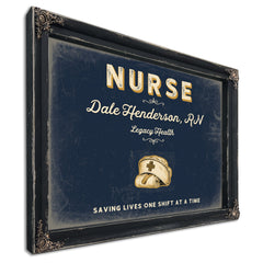Personalized Nurse Sign, Saving Lives One Shift at a Time, Navy & Brass, image 1
