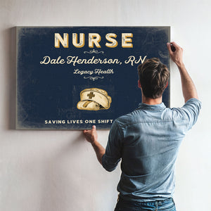 Personalized Nurse Sign, Saving Lives One Shift at a Time, Navy & Brass, image 9