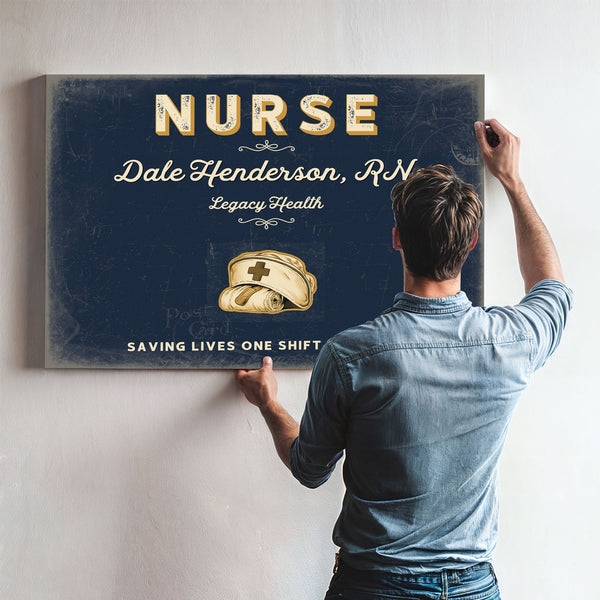Personalized Nurse Sign, Saving Lives One Shift at a Time, Navy & Brass, image 9