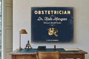 Personalized Obstetrician Sign, I Catch Babies, Navy & Brass, image 2
