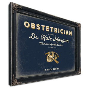 Personalized Obstetrician Sign, I Catch Babies, Navy & Brass, image 1