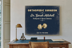 Personalized Orthopedic Surgeon Sign, Bad to the Bone, Navy & Brass, image 2