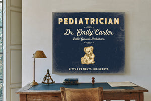 Personalized Pediatrician Sign, Little Patients, Big Hearts, Navy & Brass, image 2